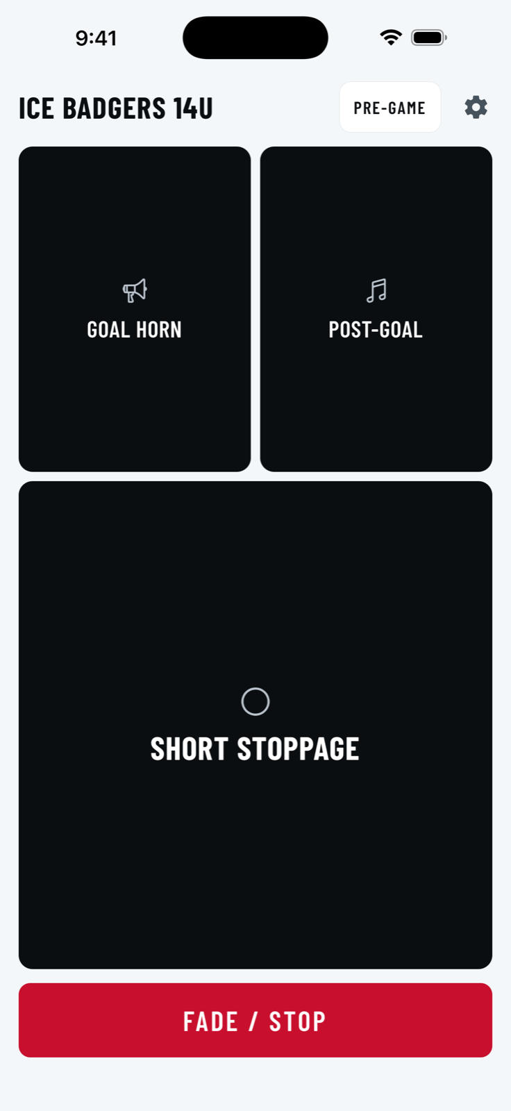 The game board for a team called Ice Badgers 14U: large Goal Horn, Post-Goal, and Short Stoppage buttons over a red Fade/Stop bar