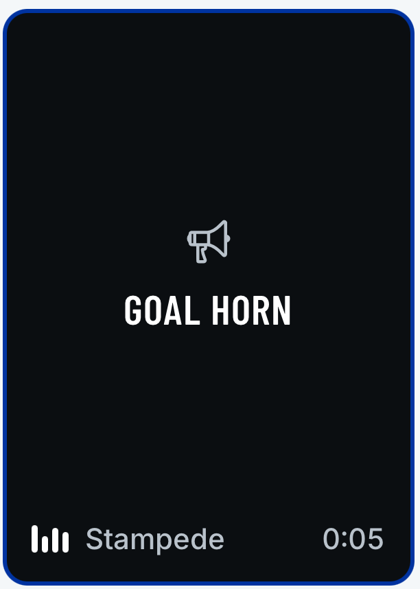 The goal horn firing: the button ringed active, playing the track 'Stampede' with five seconds left and a level meter running
