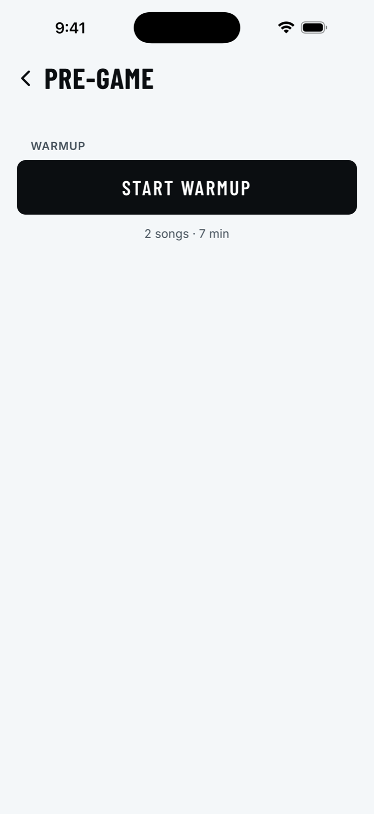 The pre-game screen: a Start Warmup button with '2 songs · 7 min' beneath it